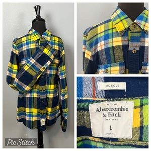 Abercrombie & Fitch Soft A&F Heavy Shirt Shacket Blue-Yellow Plaid Button Large